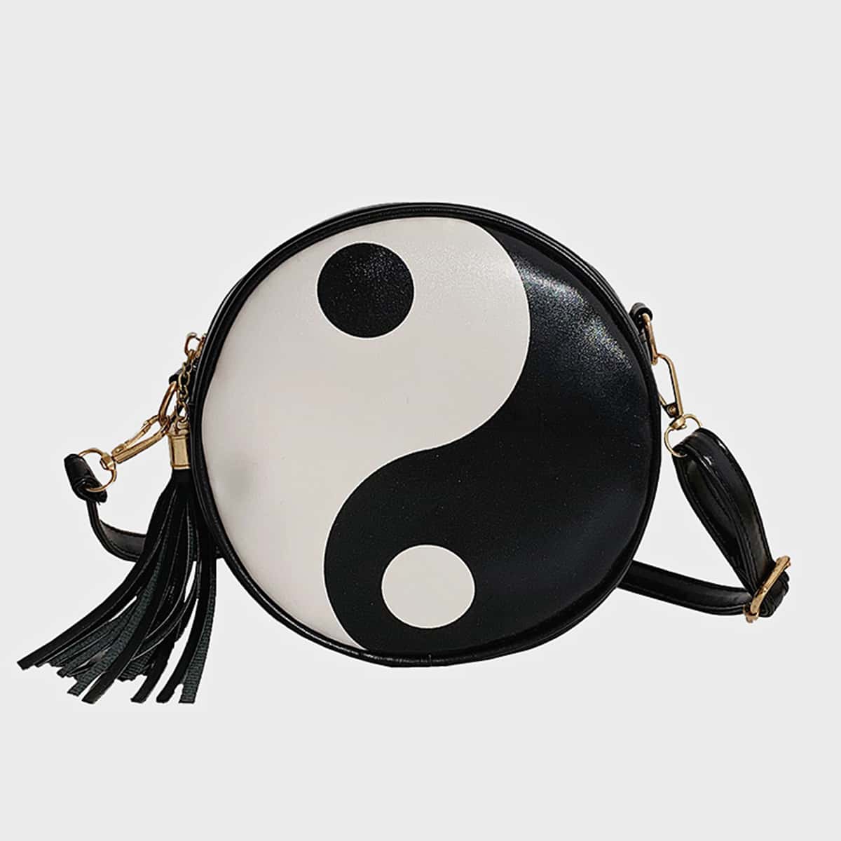 

Tassel Decor Tai Ji Design Crossbody Bag, Black and white