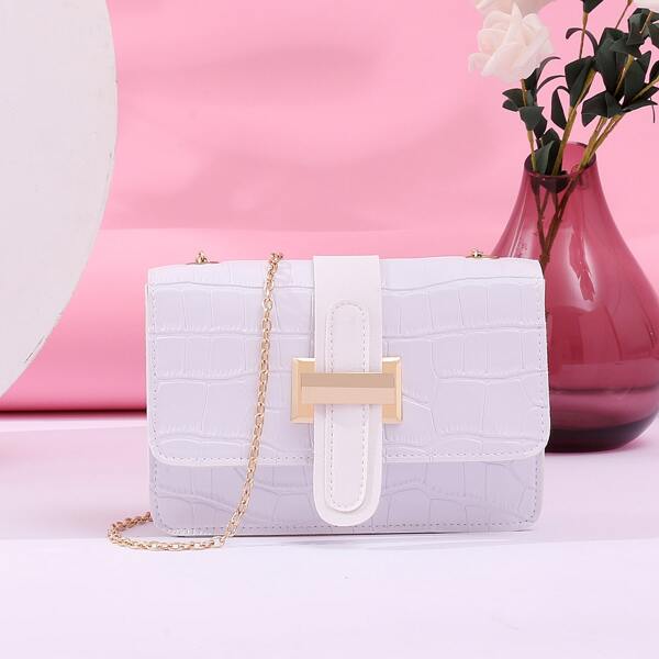 

Croc Embossed Flap Square Bag, White