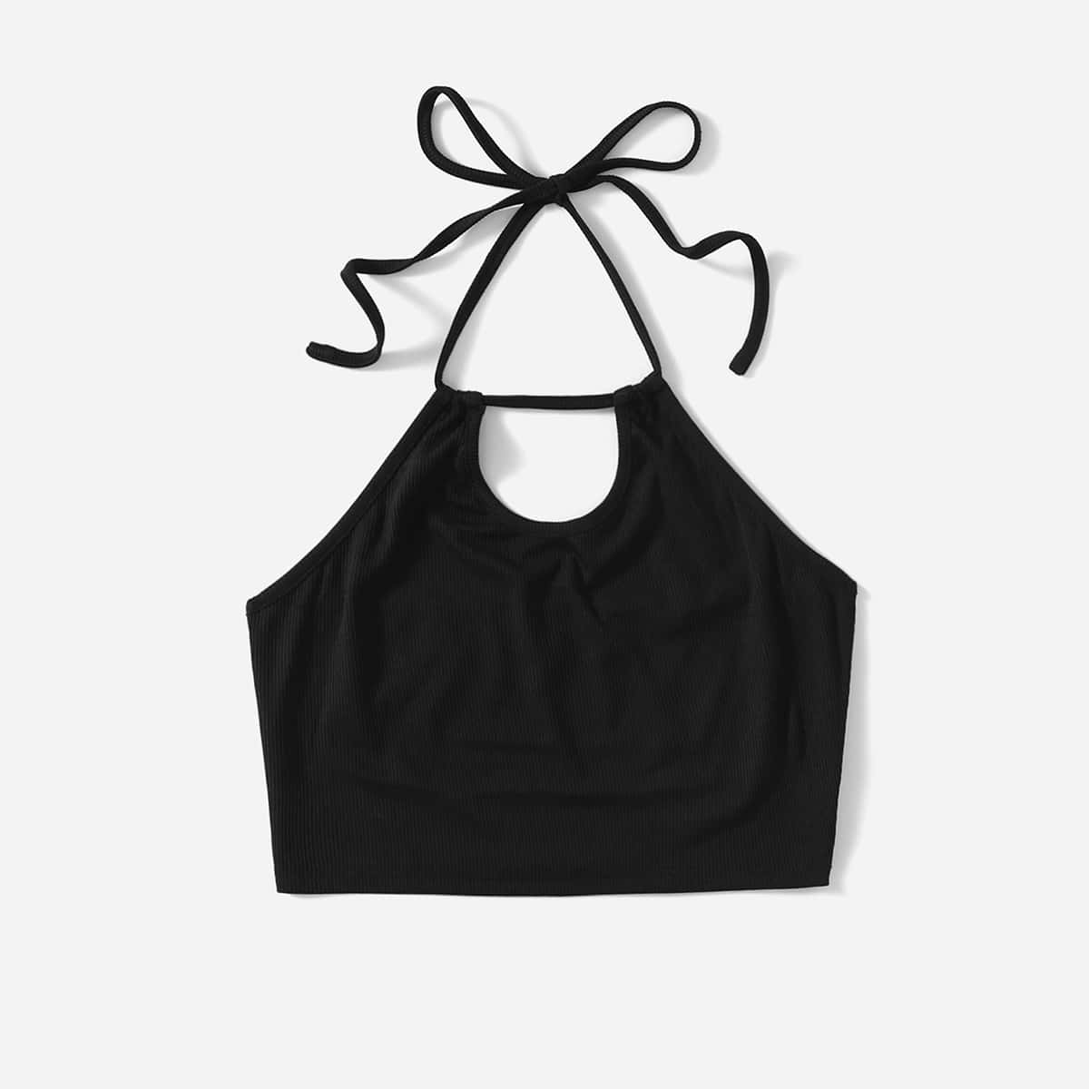 

Solid Tie Back Halter Top, Black