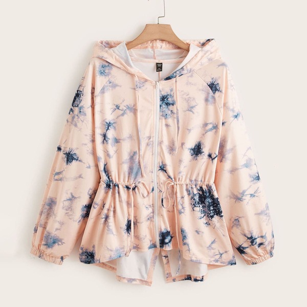 

Plus Tie Dye Raglan Sleeve Drawstring Split Back Hooded Jacket, Baby pink