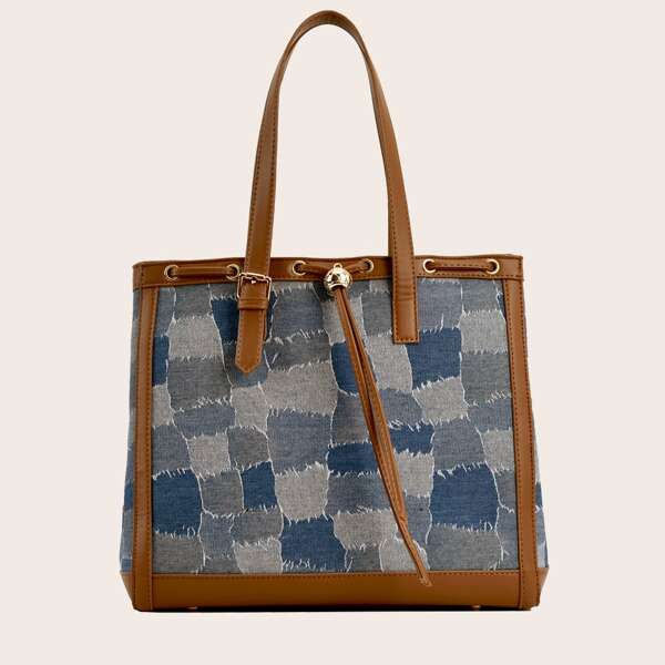 

Denim Contrast Binding Plaid Pattern Shoulder Tote Bag, Multicolor