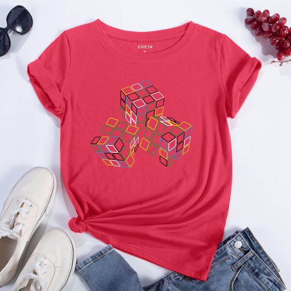 

Rubik's Cube Print Tee, Watermelon pink