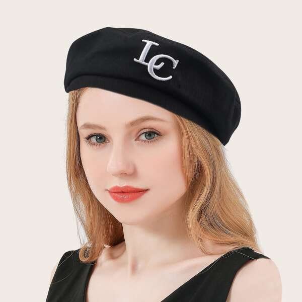 

Letter Embroidery Beret Cap, Black