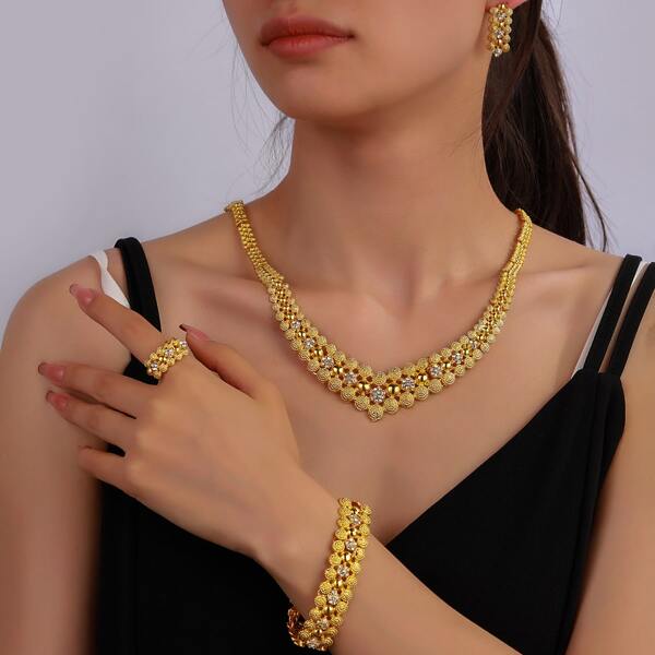 

5pcs Rhinestone Decor Jewelry Set, Gold