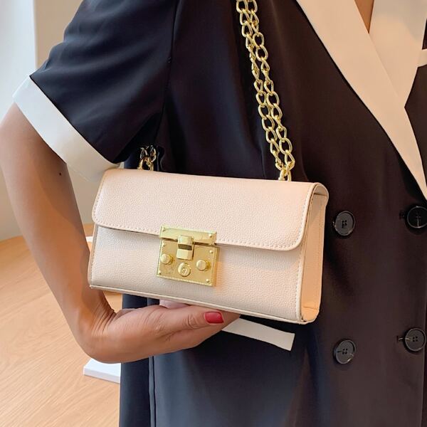 

Push Lock Flap Chain Shoulder Bag, Beige