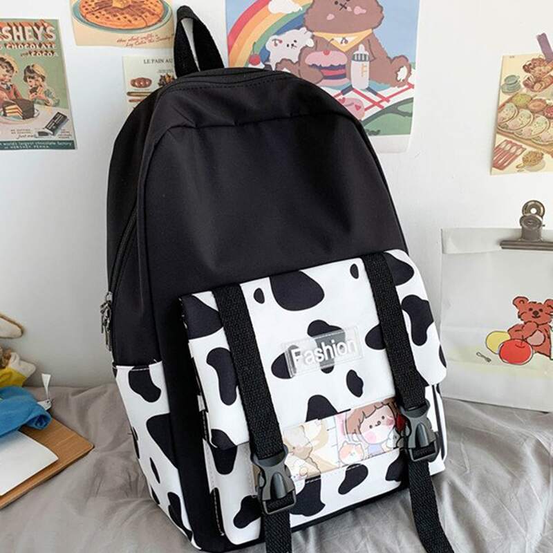 

Cow Pattern Buckle Decor Backpack, Black