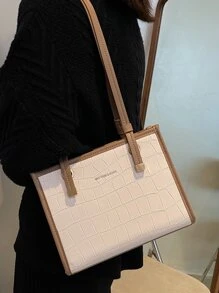 Old Moeny, Waterproof,Lightweight,Business Casual Crocodile Embossed Contrast Binding Shoulder Tote Bag For Teen Girls Women College Students,Rookies & White-Collar Workers Perfect For Office,College,Work ,Business,Commute