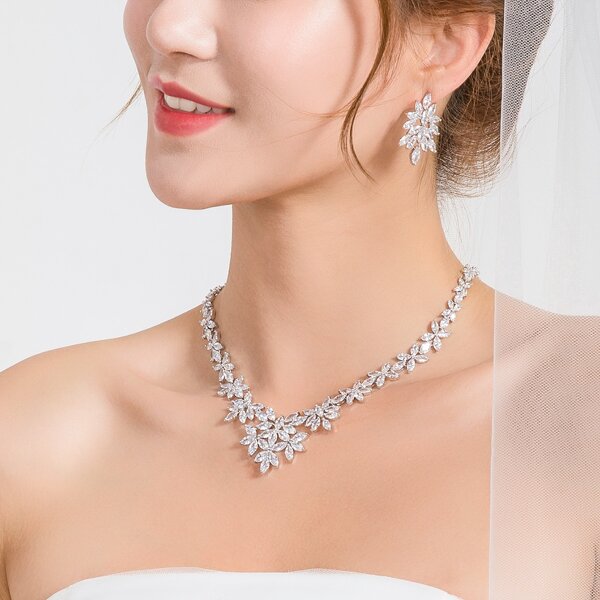 

3pcs Zircon Decor Jewelry Set, Silver