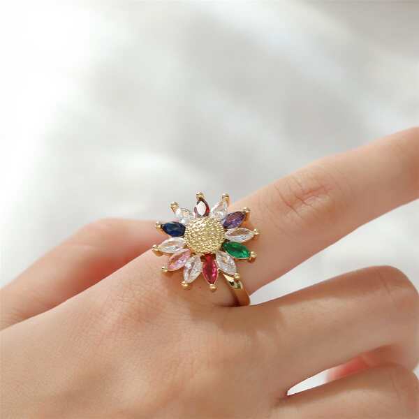 

18K Gold Plated Zircon Flower Decor Ring, Multicolor