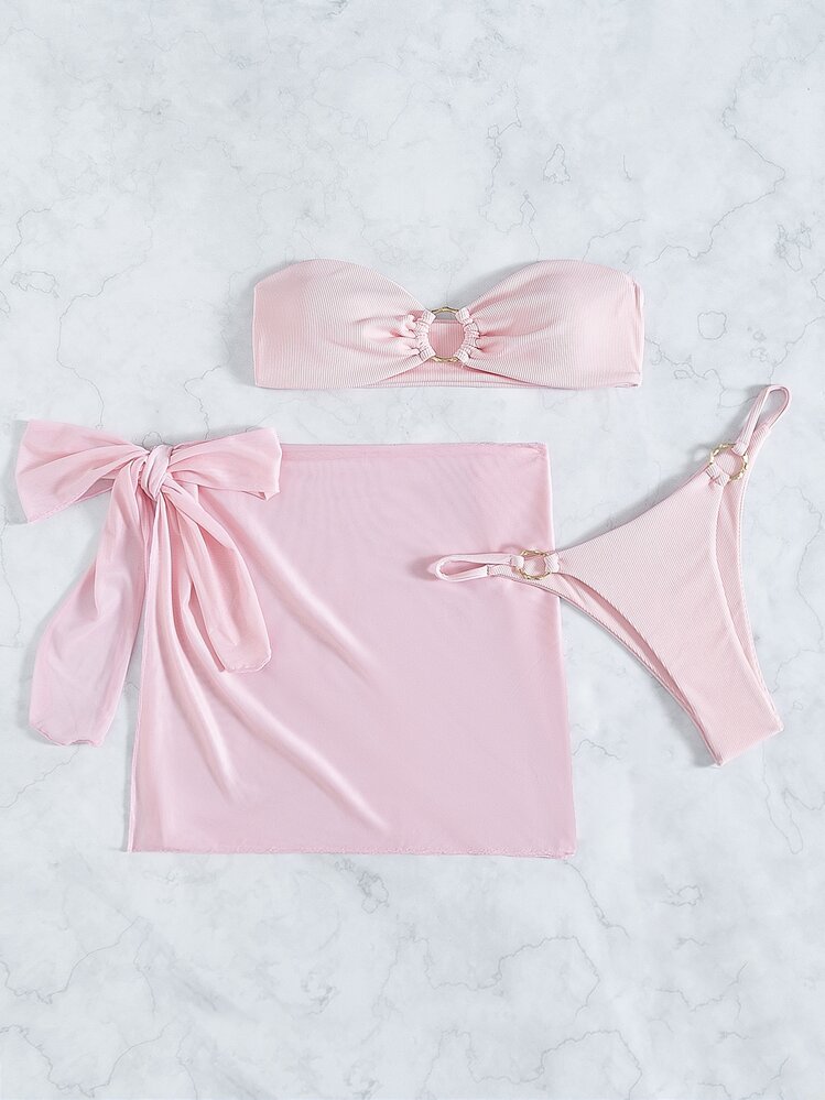 SHEIN Swim 夏日沙灘3入組純色環連式比基尼及沙灘裙 - 淺粉色 - 查看 4