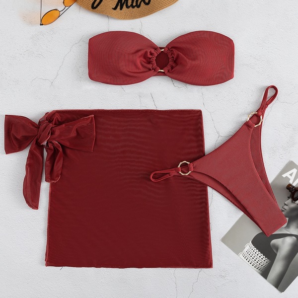 

3pack Solid Ring Linked Bikini Swimsuit & Beach Skirt, Redwood