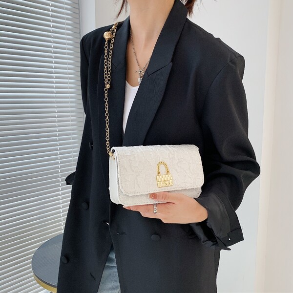 

Metal Lock Decor Flap Square Bag, White