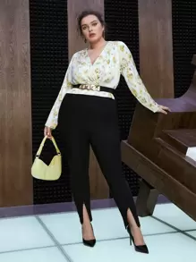 SHEIN Unity Plus Floral Print Surplice Neck Blouse - Yellow - View 1