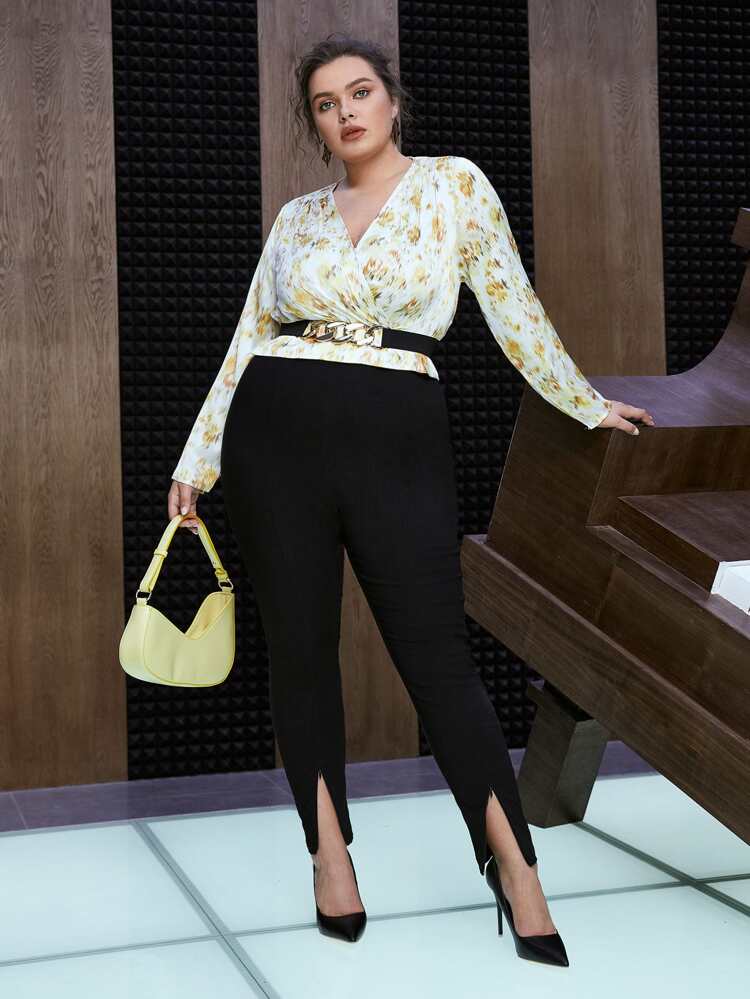 Plus Floral Print Surplice Neck Blouse