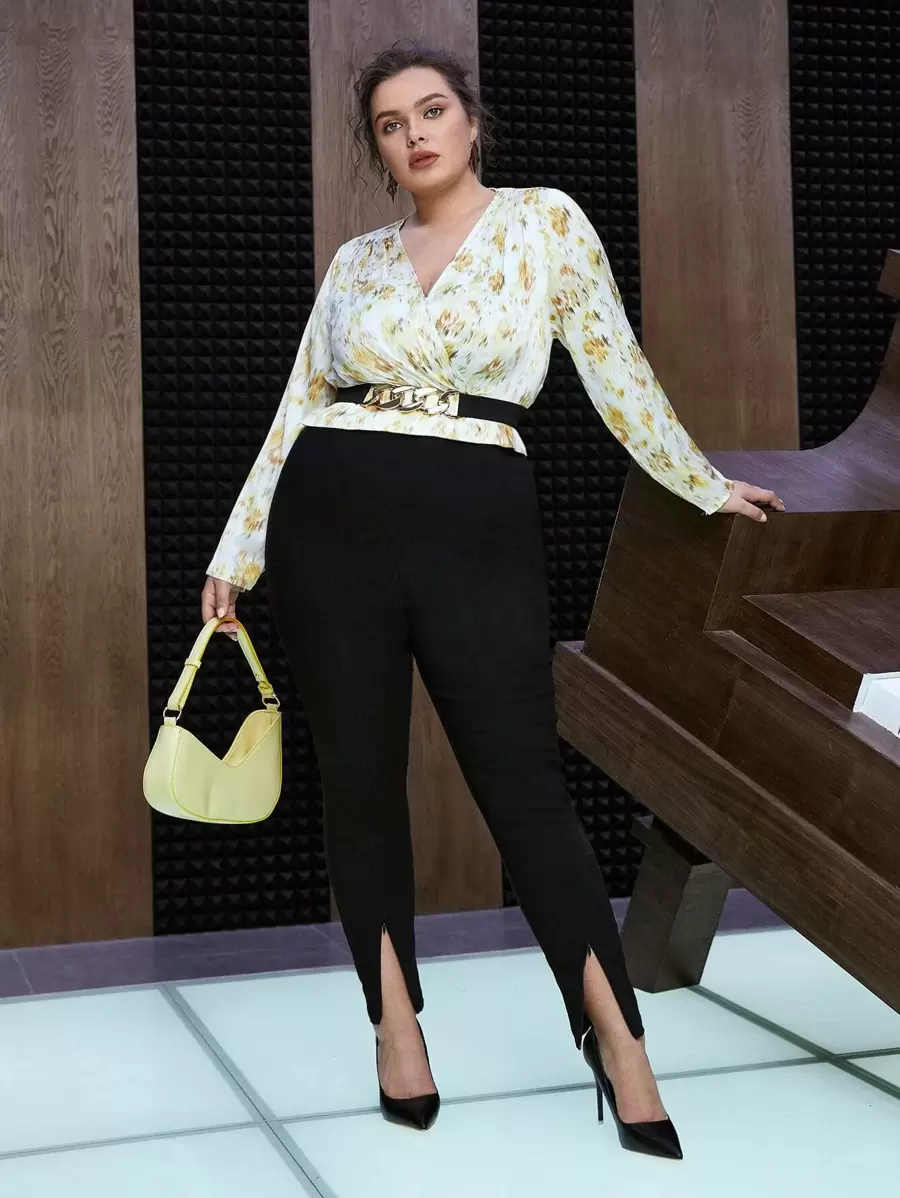 SHEIN Unity Plus Floral Print Surplice Neck Blouse - Yellow - View 1