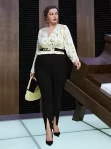 SHEIN Unity Plus Floral Print Surplice Neck Blouse - Yellow - View 5