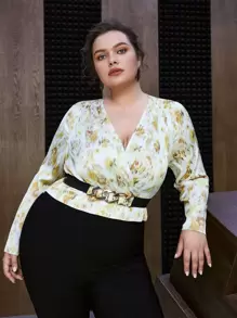 SHEIN Unity Plus Floral Print Surplice Neck Blouse - Yellow - View 6