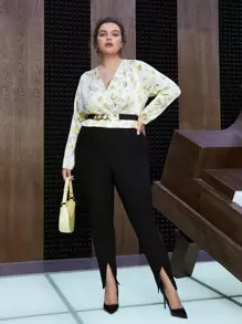 SHEIN Unity Plus Floral Print Surplice Neck Blouse - Yellow - View 8