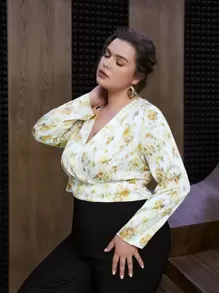 SHEIN Unity Plus Floral Print Surplice Neck Blouse - Yellow - View 2