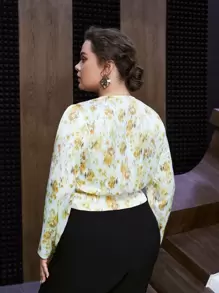 SHEIN Unity Plus Floral Print Surplice Neck Blouse - Yellow - View 9