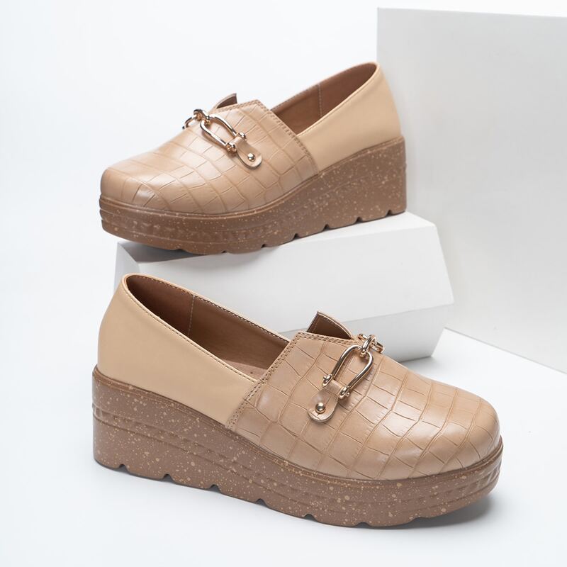 

Croc Embossed Snaffle Decor Wedge Loafers, Apricot