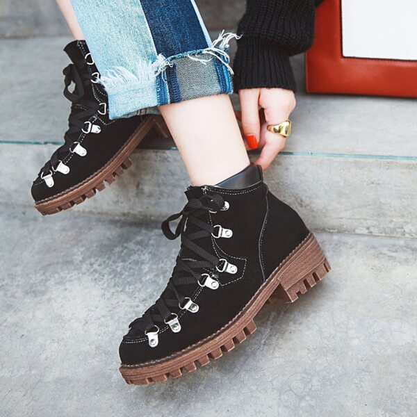 

Suede Lace-up Front Combat Boots, Black
