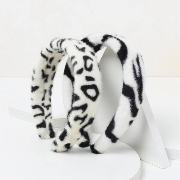 

2pcs Graphic Plush Hair Hoop, Black and white