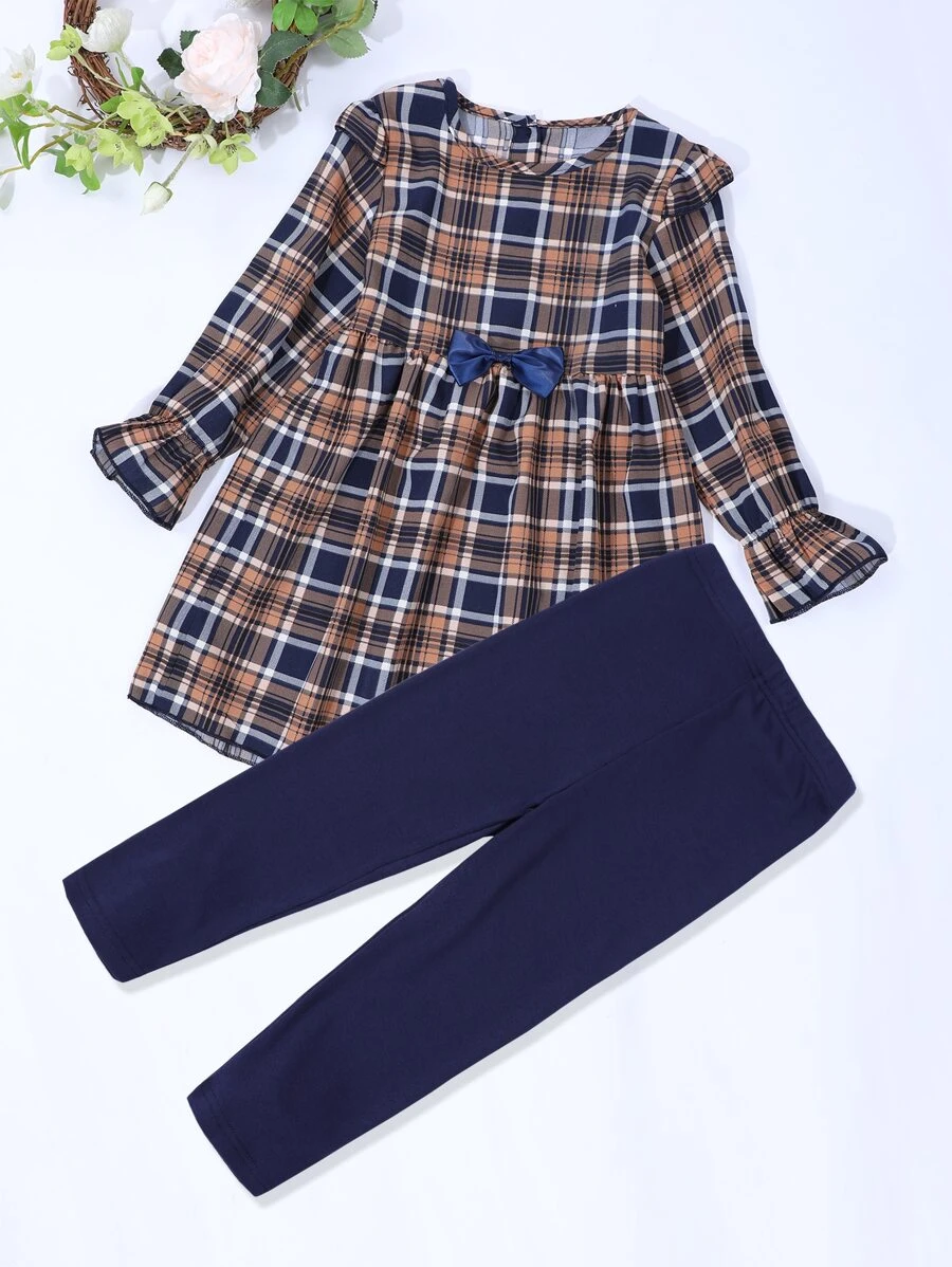小女童蘇格蘭格紋荷葉袖前蝴蝶結洋裝和緊身打底褲 - 彩色 - 查看 1