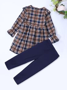 小女童蘇格蘭格紋荷葉袖前蝴蝶結洋裝和緊身打底褲 - 彩色 - 查看 2