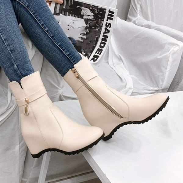 

Metal Decor Side Zip Hidden Heeled Boots, Beige