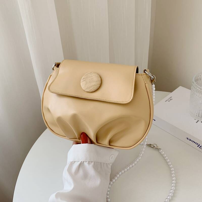

Ruched Design Faux Pearl Strap Bag, Khaki