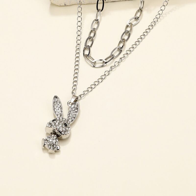 

Guys Rhinestone Rabbit Charm Layered Necklace, Silver