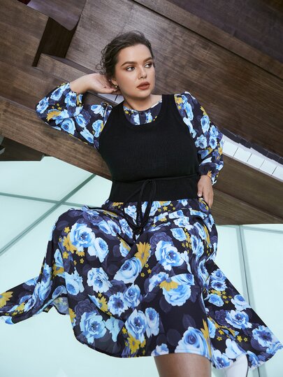 SHEIN Unity Vestido línea A con estampado floral sin Top de punto