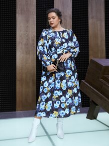 SHEIN Unity Plus Allover Floral Print A-line Dress Without Knit Top - Blue - View 2