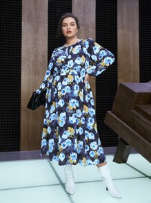 SHEIN Unity Plus Allover Floral Print A-line Dress Without Knit Top - Blue - View 3