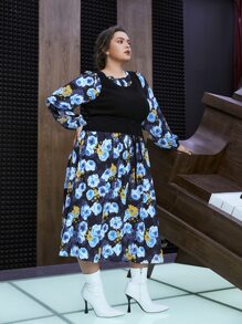 SHEIN Unity Plus Allover Floral Print A-line Dress Without Knit Top - Blue - View 6