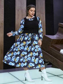 SHEIN Unity Plus Allover Floral Print A-line Dress Without Knit Top - Blue - View 7