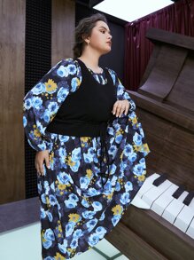 SHEIN Unity Plus Allover Floral Print A-line Dress Without Knit Top - Blue - View 8