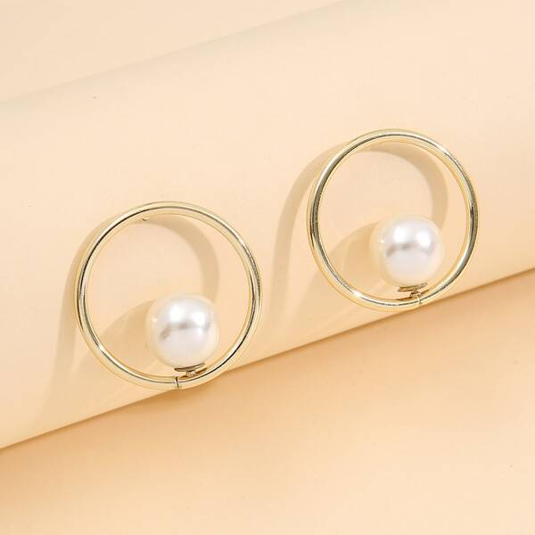 

Faux Pearl Decor Round Stud Earrings, Gold