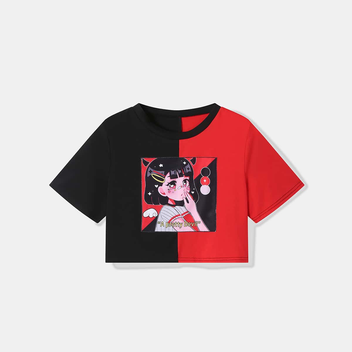 

Cartoon Figure Graphic Colorblock Crop Tee, Multicolor