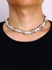 男士珍珠串珠項鍊 - 銀色 - 查看 1