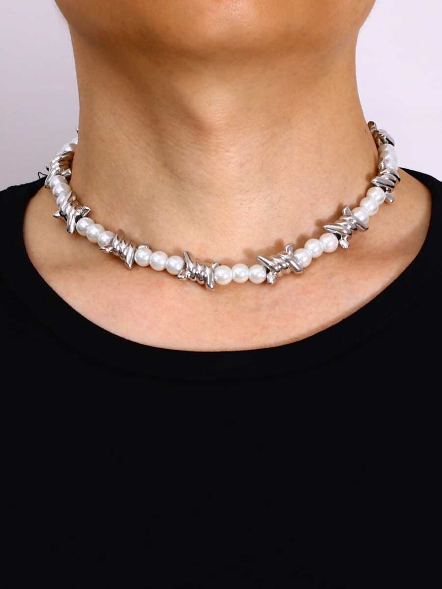 男士珍珠串珠項鍊 - 銀色 - 查看 1