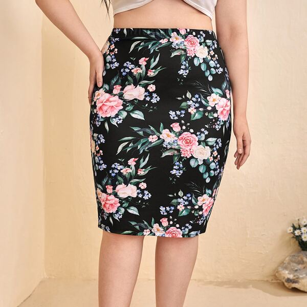 

Plus Floral Print Bodycon Skirt, Multicolor