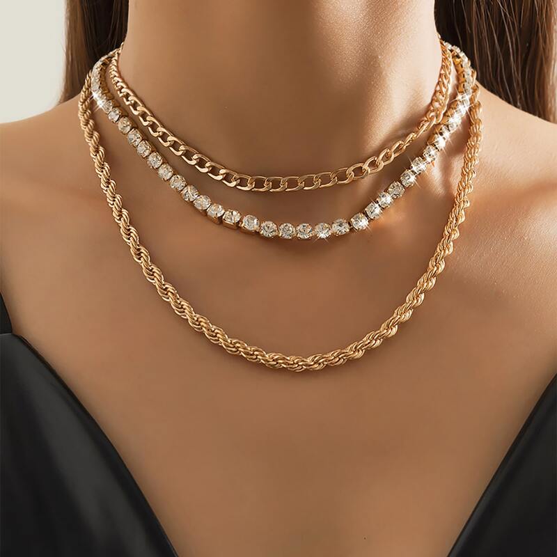 

3pcs Rhinestone Decor Necklace, Gold