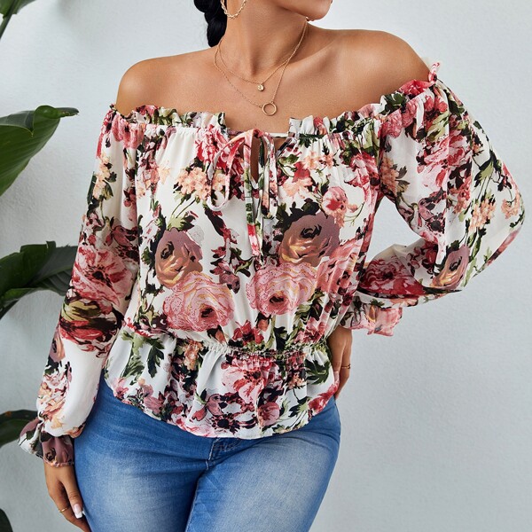 

Allover Floral Print Off Shoulder Ruffle Hem Blouse, Multicolor