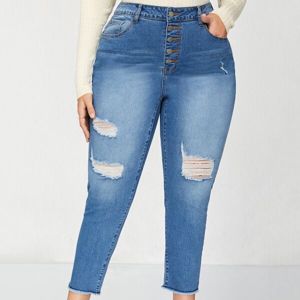 

Plus Button Fly Ripped Raw Cut Skinny Jeans, Medium wash