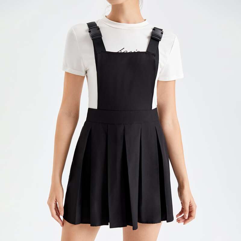 

Solid Buckle Pinafore Dress, Black