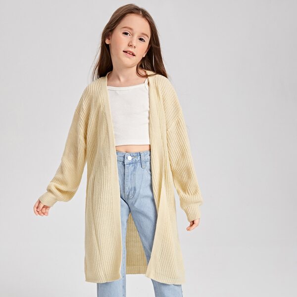 

Girls Lantern Sleeve Belted Solid Cardigan, Apricot