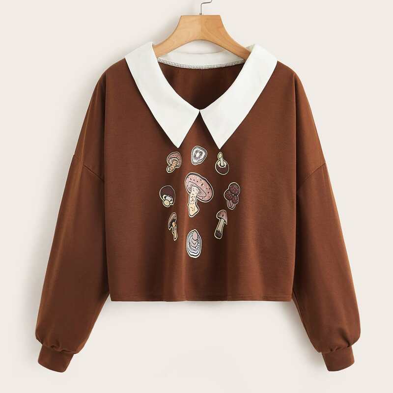 

Mushroom Graphic Contrast Collar Crop Tee, Coffee brown