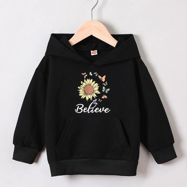

Toddler Girls Letter & Floral Print Kangaroo Pocket Hoodie, Black